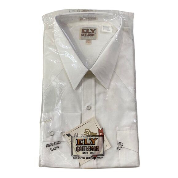 Mens Size 17.5 33 Western Pearl Snap Shirt Ely Cattleman White Color Long Sleeve - Picture 1 of 9